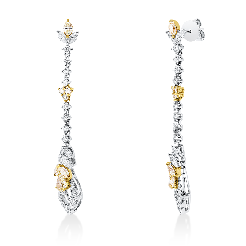 Ohrschmuck 18 kt WG+GG, 12 Nav. 0,64 ct, 38 Brill. 0,70 ct, TW-si, 14 Diamanten 1,22 ct, gelb