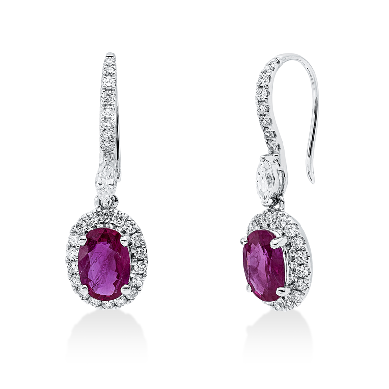 Ohrschmuck 18 kt WG, 2 Nav. 0,14 ct, TW-si, 52 Brill. 0,37 ct, TW-si, 2 Rubine 1,49 ct rot