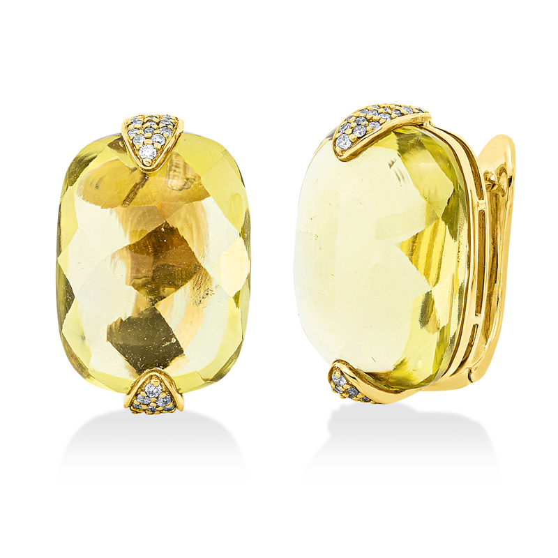 Creolen 18 kt GG, 80 Brill. 0,32 ct, F-vsi/si, 2 Lemonquarz 37,57 ct grün