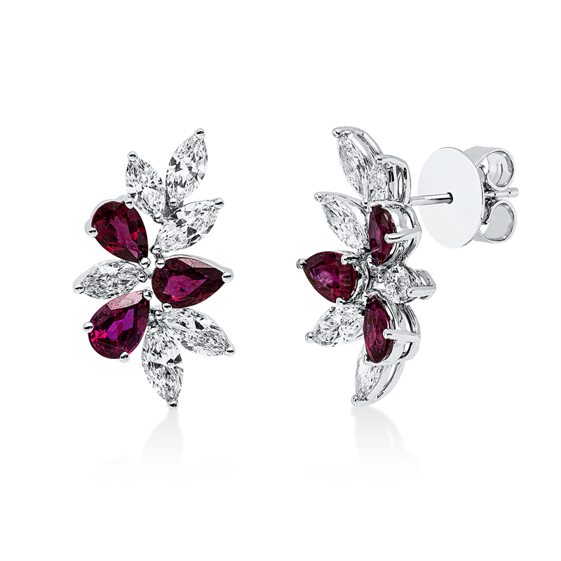 Ohrschmuck 18 kt WG, 12 Nav. 2,15 ct, F-vvs/vs, 6 Rubine 2,54 ct rot