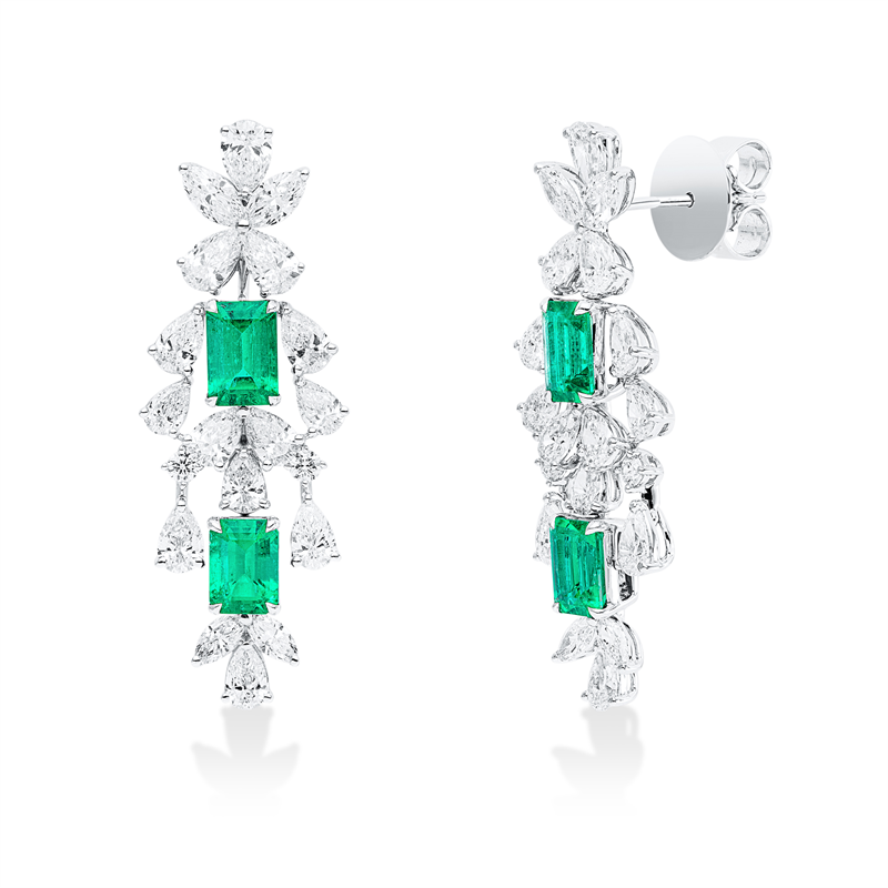 Ohrschmuck 18k WG, 8 Nav.0,81ct, 4 Brill.0,13ct, 26 Tropfen 3,38ct, F-vvs/vs, 4 Smaragde 2,30ct grün
