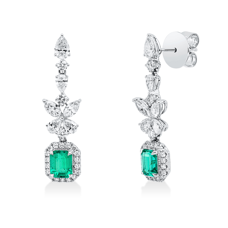 Ohrschmuck 18KW, 4 Nav.0,46ct, 42 Brill.0,54ct, 8 Tropfen 0,95ct, F-vvs/vs, 2 Smaragde 1,27ct grün