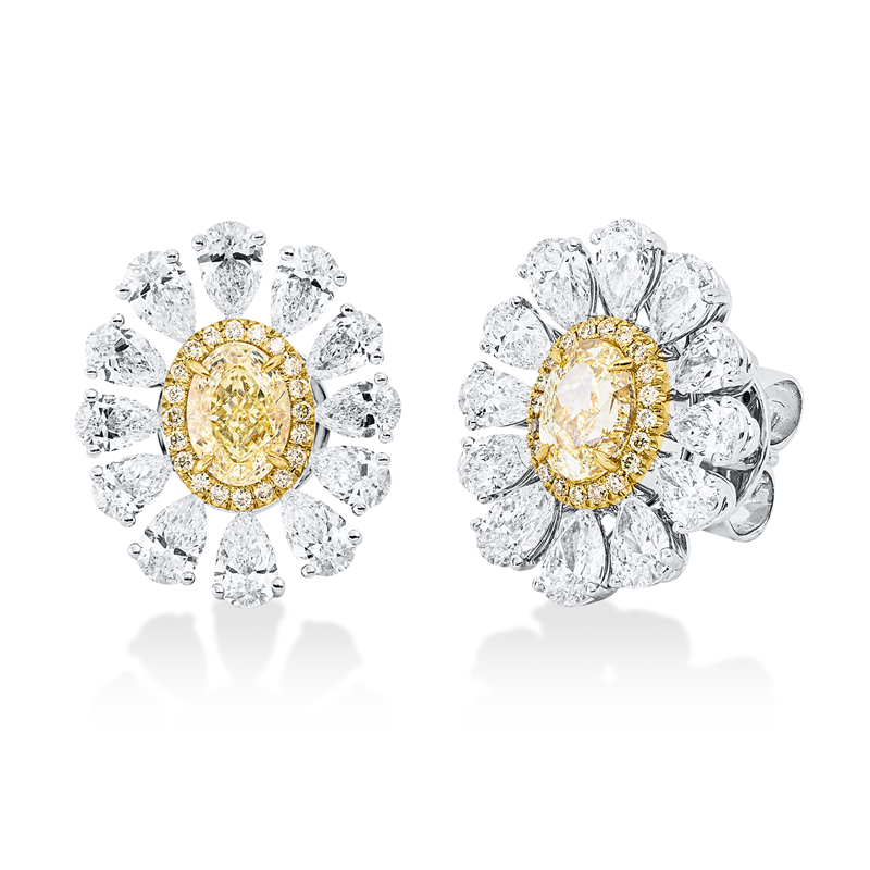 Ohrstecker 18k WG+GG, GIA_2pcs, 24 Tropfen 2,74ct, F-vvs/vs, 40Brill.0,14ct, gelb, 2Oval 1,41ct, gelb