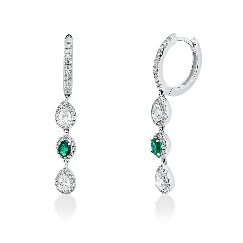 Ohrschmuck 18 kt WG, 100 Brill. 0,29 ct, TW-si, 4 Tropfen 0,44 ct, TW-si, 2 Smaragde 0,25 ct grün