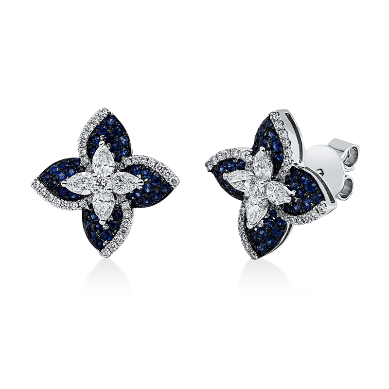 Ohrstecker 18 kt WG, Fassung teils schw rhod, 8 Tro 0,61 ct, 66 Brill. 0,24 ct, F-vsi, 80 Sap 0,60 ct