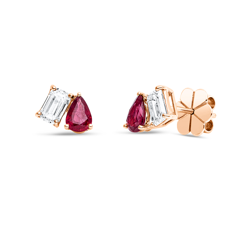 Ohrstecker 18 kt RG, 2 Sm.schliff 1,01 ct, TW-si, 2 Rubine 1,08 ct rot