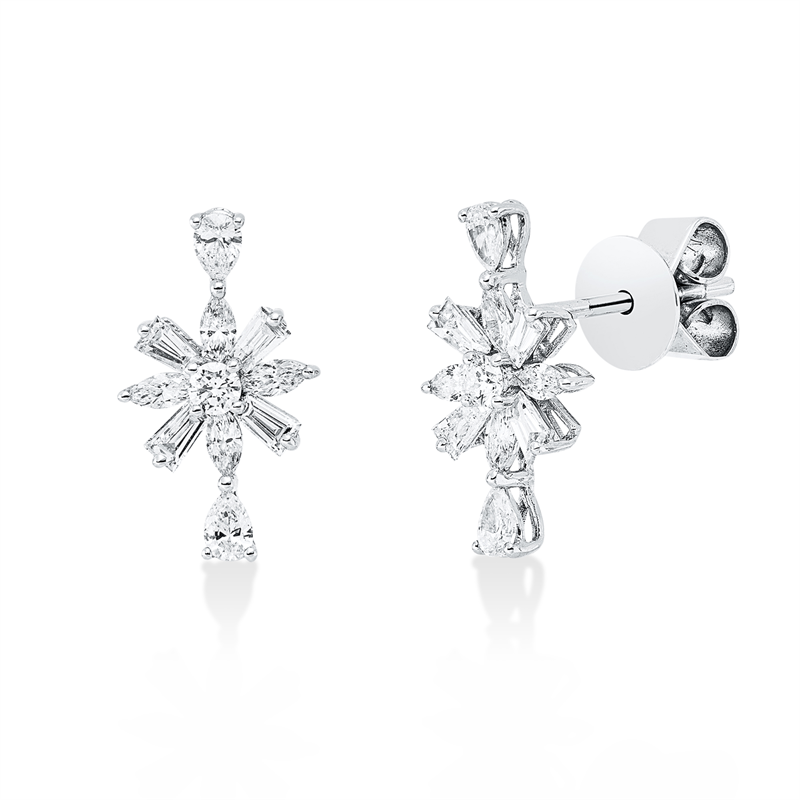 Ohrstecker 18 kt WG, 8 Trap. 0,25 ct, 4 Tropfen 0,17 ct, 8 Nav. 0,19 ct, 2 Brill. 0,07 ct, TW-si