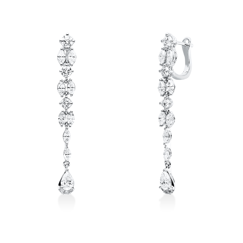Ohrschmuck 18 kt WG, 12 Brill. 0,53 ct, TW-pi, 2 Tropfen 0,38 ct, TW-pi, 16 Nav. 0,76 ct, TW-pi