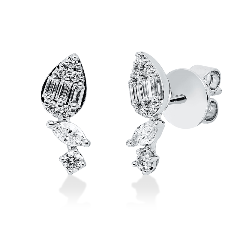 Ohrstecker 18 kt WG, 12 Brill. 0,11 ct, TW-pi, 2 Nav. 0,10 ct, TW-pi, 6 Bag. 0,11 ct, TW-pi