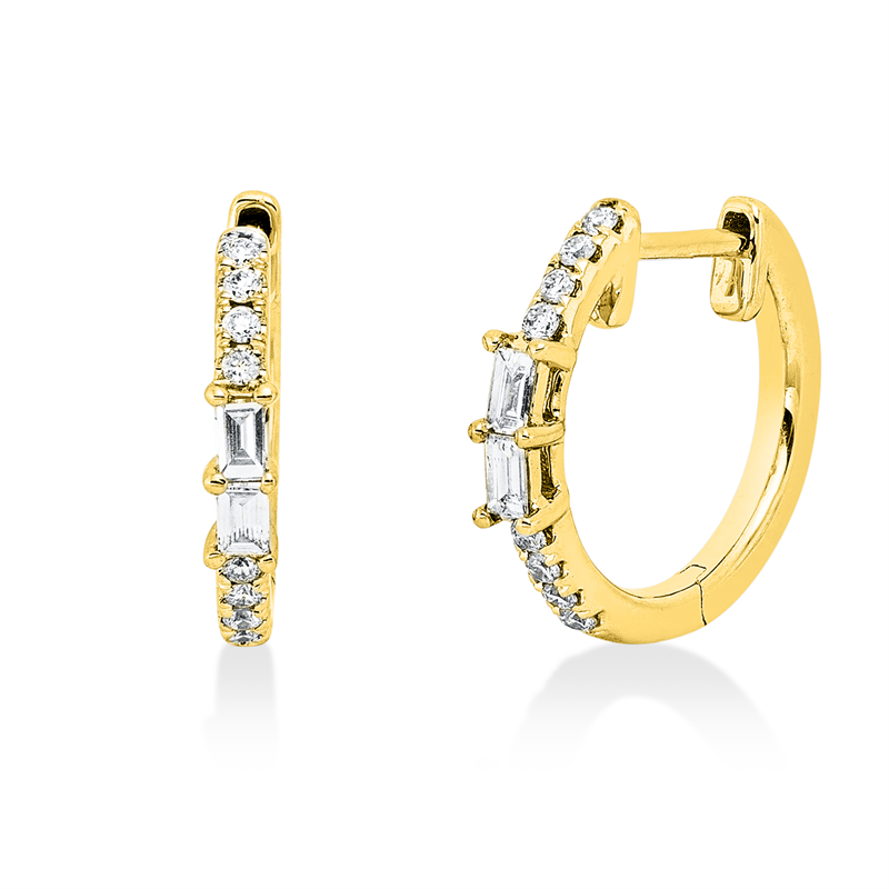 Creolen 18 kt GG, 4 Bag. 0,10 ct, TW-vsi/si, 16 Brill. 0,08 ct, TW-si