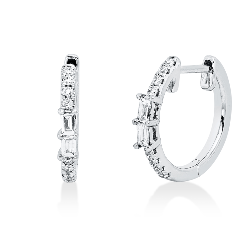 Creolen 18 kt WG, 16 Brill. 0,08 ct, TW-si, 4 Bag. 0,10 ct, TW-vsi