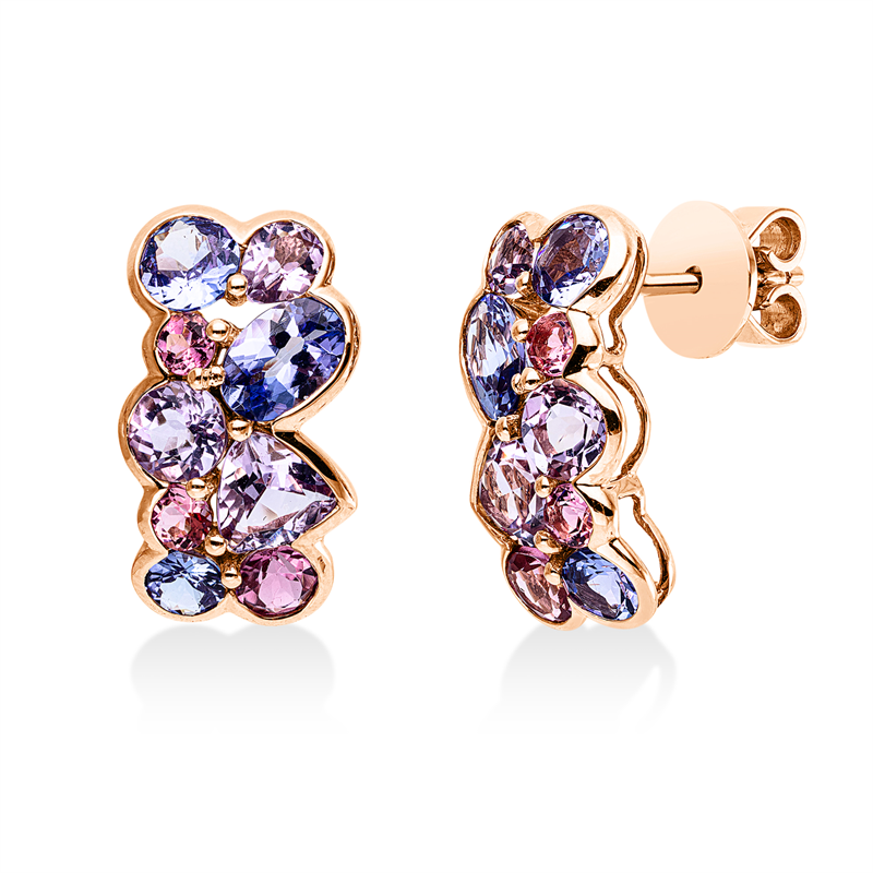 Ohrstecker 18 kt RG, 6 Tansanit 2,00 ct blau, 6 Amethyste 1,80 ct pink, 6 Turmalin 0,70 ct pink