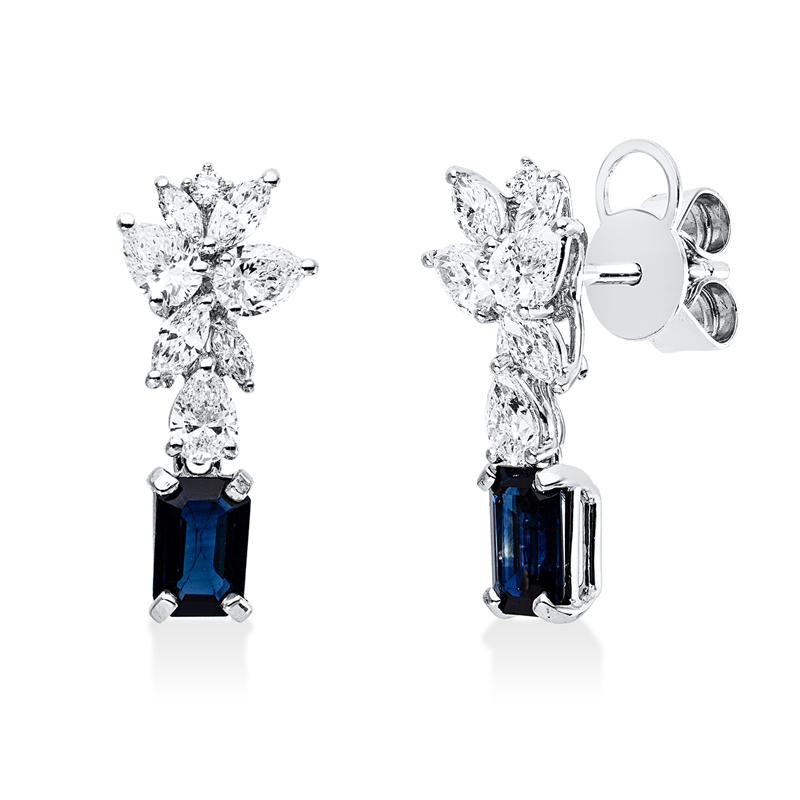 Ohrschmuck 18KW, 6 Tropfen 0,81ct, 8 Nav.0,36ct, TW-vsi/si, 2 Brill.0,03ct, TW-si, 2 Saphire 1,00ct blau