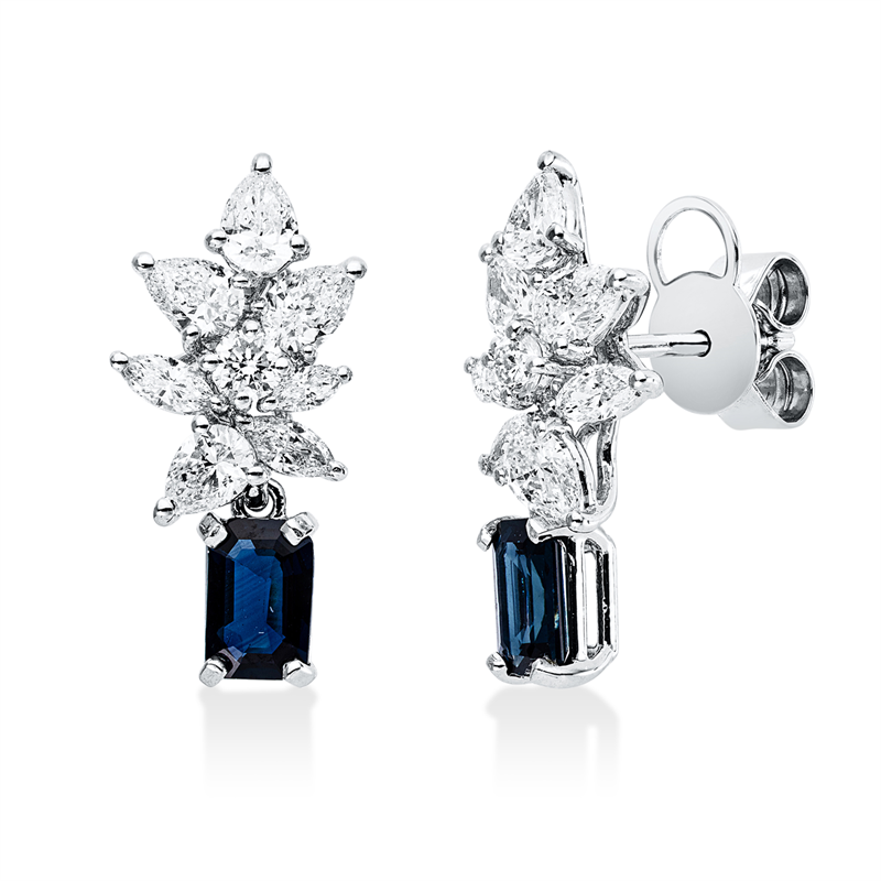 Ohrschmuck 18KW, 8 Tropfen 1,07ct, 6 Nav.0,30ct, TW-vsi/si, 2 Brill.0,14ct, TW-si, 2 Saphire 1,05ct blau
