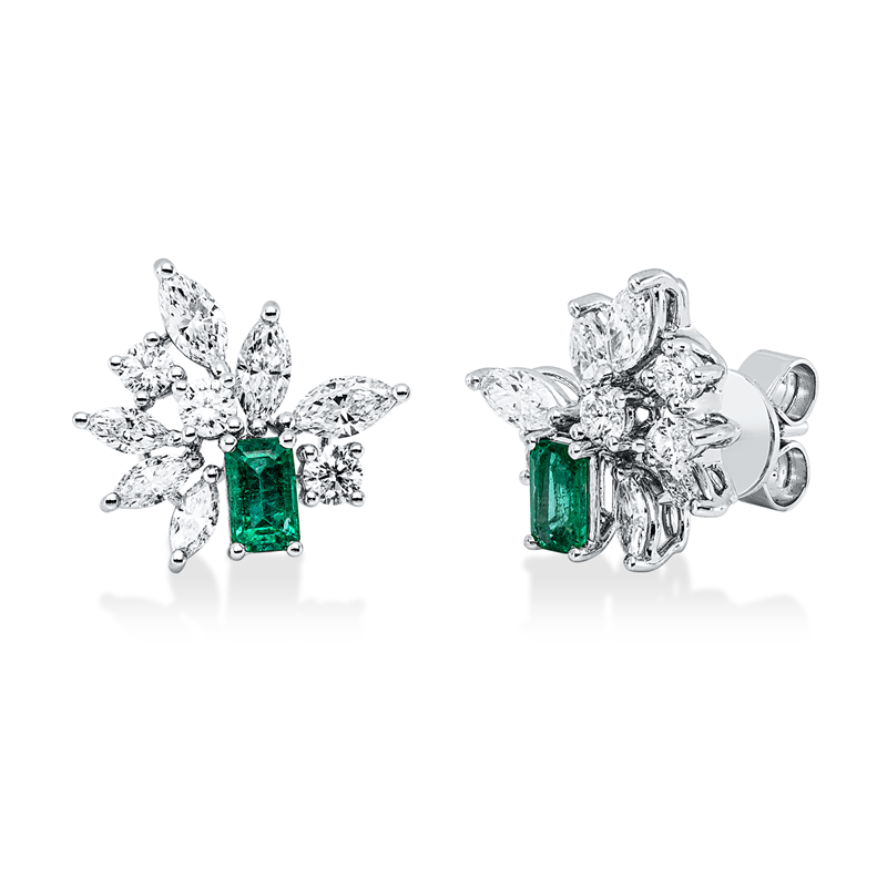 Ohrstecker 18 kt WG, 6 Brill. 0,37 ct, TW-si, 12 Nav. 1,09 ct, TW-vsi/si, 2 Smaragde 0,48 ct grün
