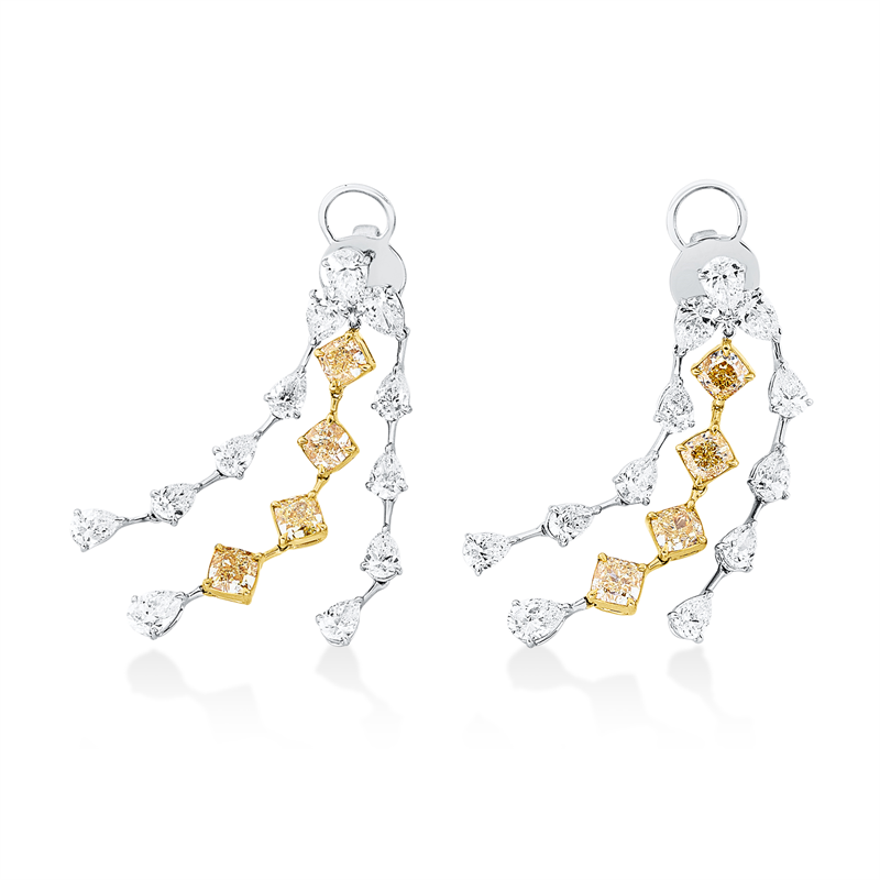 Ohrschmuck 18 kt WG+GG, 24 Tropfen 6,83 ct, D/TW-vsi/si, 8 Cushion 4,84 ct, gelb-vsi/si