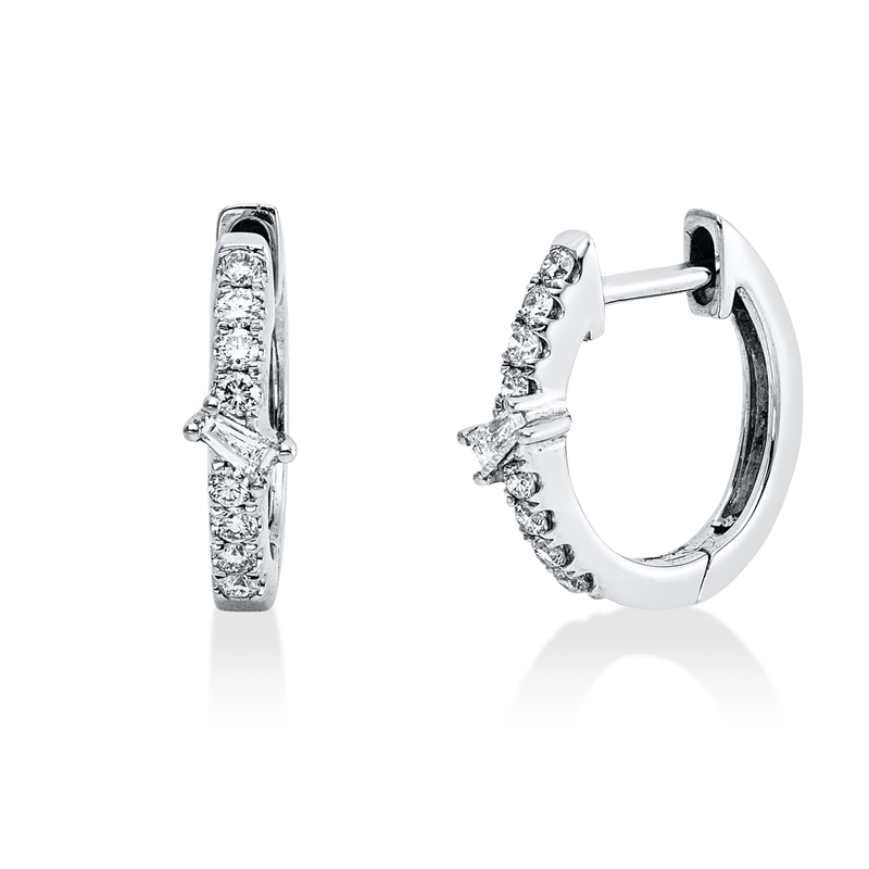 Creolen 18 kt WG, 2 Trap. 0,06 ct, TW-si, 16 Brill. 0,14 ct, TW-si