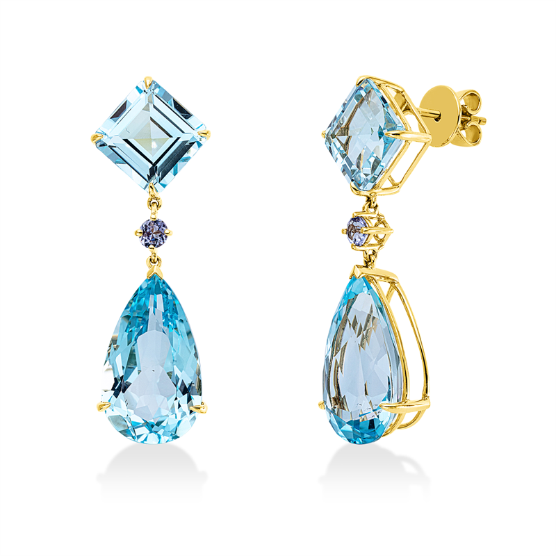 Ohrschmuck 18 kt GG, 2 9,70 ct, 2 Topase 9,70 ct sky, 2 Topase 17,30 ct sky, 2 Tansanit 0,30 ct blau