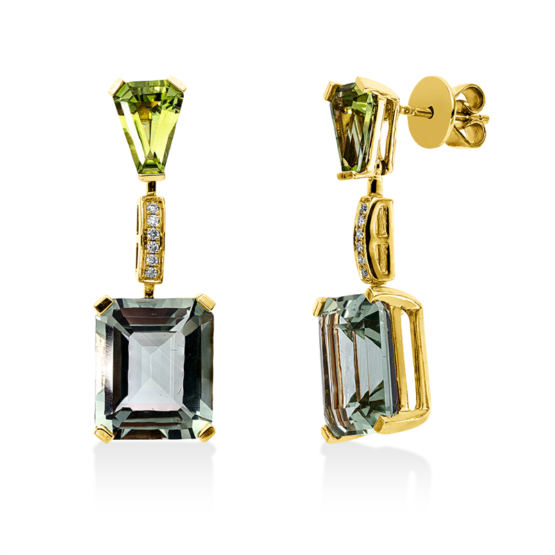 Ohrschmuck 18 kt GG, 12 Brill. 0,07 ct, TW-si, 2 Amethyste 10,30 ct grün, 2 Peridot 2,00 ct grün