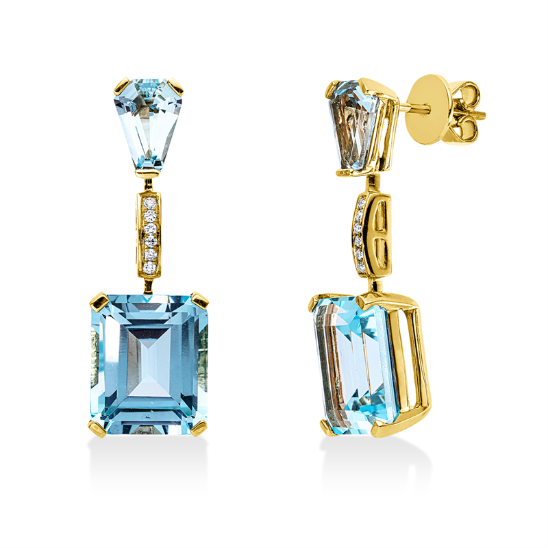 Ohrschmuck 18 kt GG, 12 Brill. 0,07 ct, TW-si, 2 Topase 16,90 ct sky blue, 2 Topase 2,60 ct sky blue