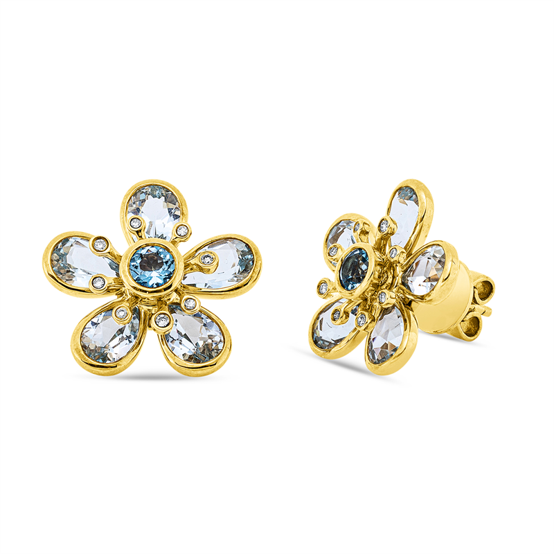 Ohrstecker 18 kt GG, 16 Brill. 0,07 ct, TW-si, 2 Topase 0,50 ct blau, 10 Topase 4,60 ct sky blue
