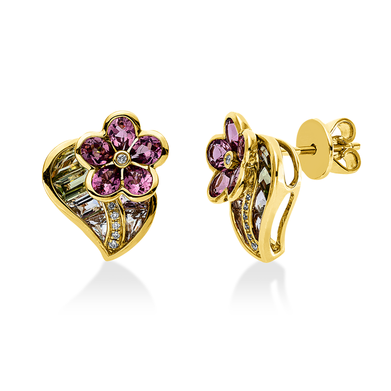 Ohrstecker18ktGG,14 Brill.0,06ct,TW-si,8 Am 1,20ct grün,4 Peridot 1,10ct grün,10 Turmalin1,60ct pink
