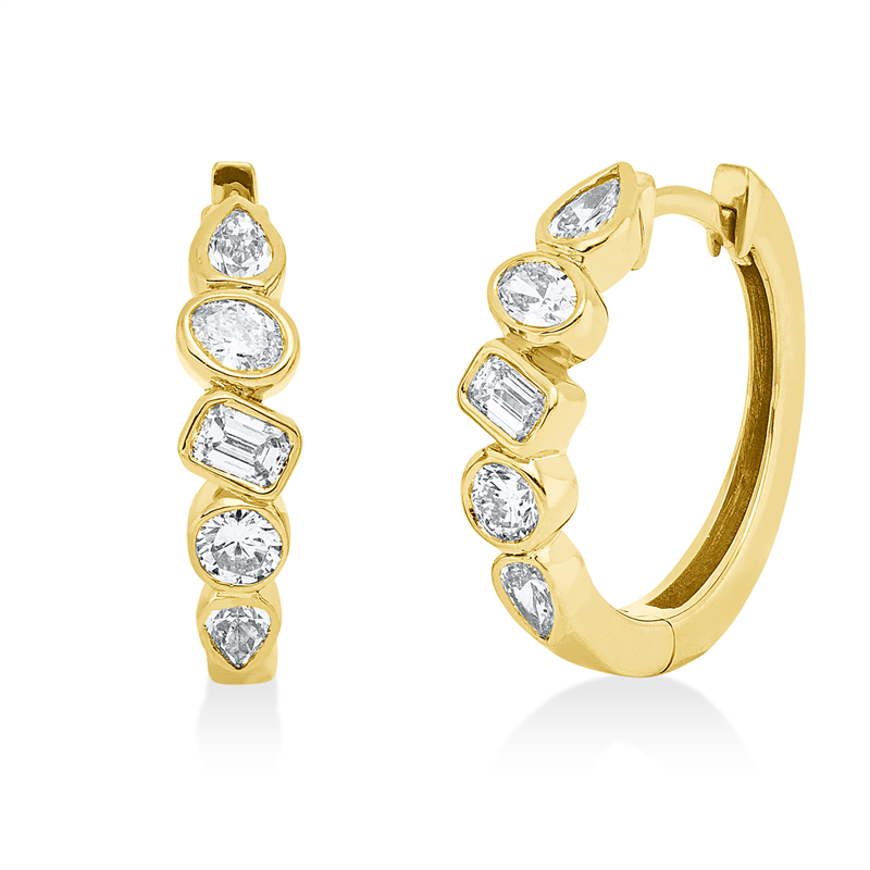 Creolen 18 kt GG, 2 Sm.schliff 0,16 ct, TW-si, 4 Tropfen 0,32 ct, TW-si, 2 Oval 0,16 ct, TW-si, 2 Brill. 0,16 ct, TW-si
