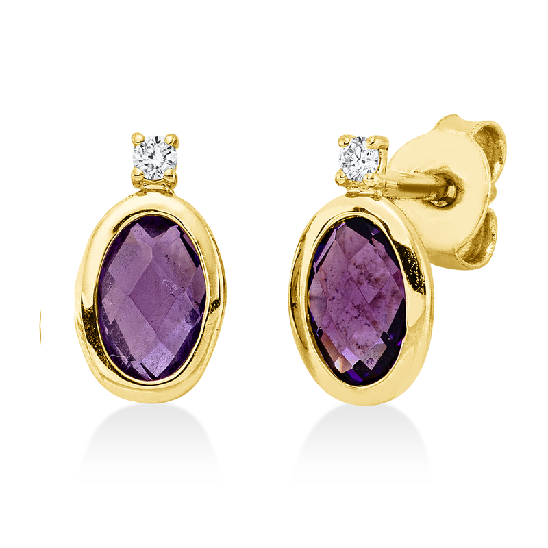 Ohrstecker 18 kt GG, 2 Brill. 0,03 ct, TW-si, 2 Amethyste 0,91 ct lila