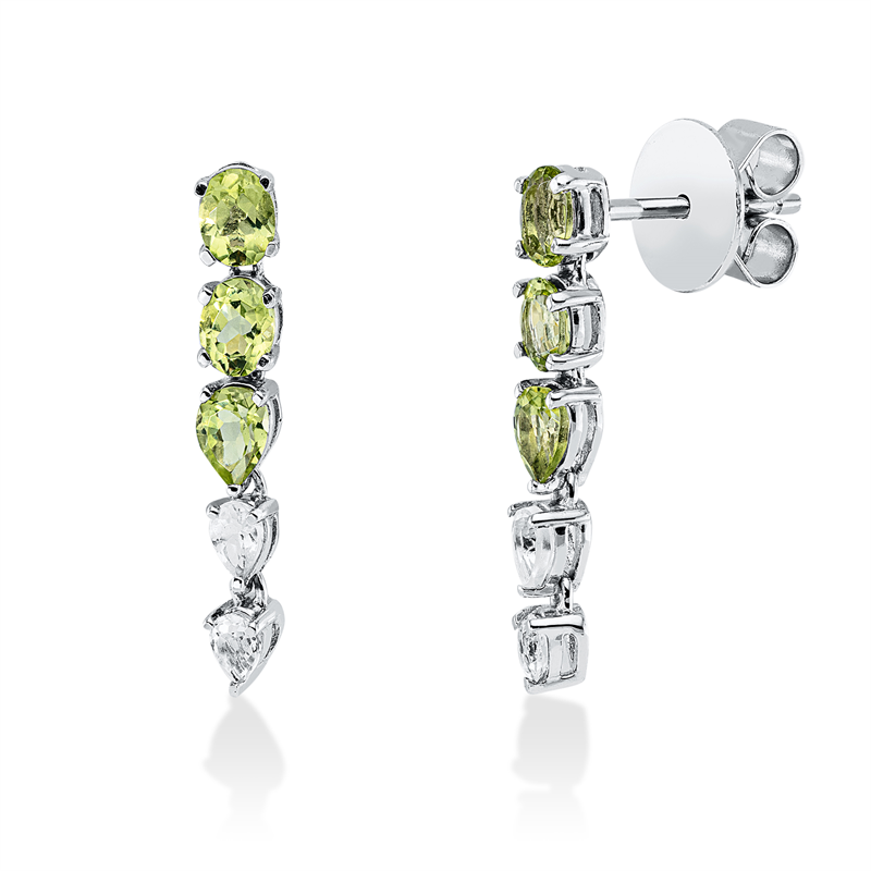 Ohrschmuck 18 kt WG, 4 Peridot 0,68 ct, 2 peridot 0,36 ct, 4 Topase 0,34 ct weiß