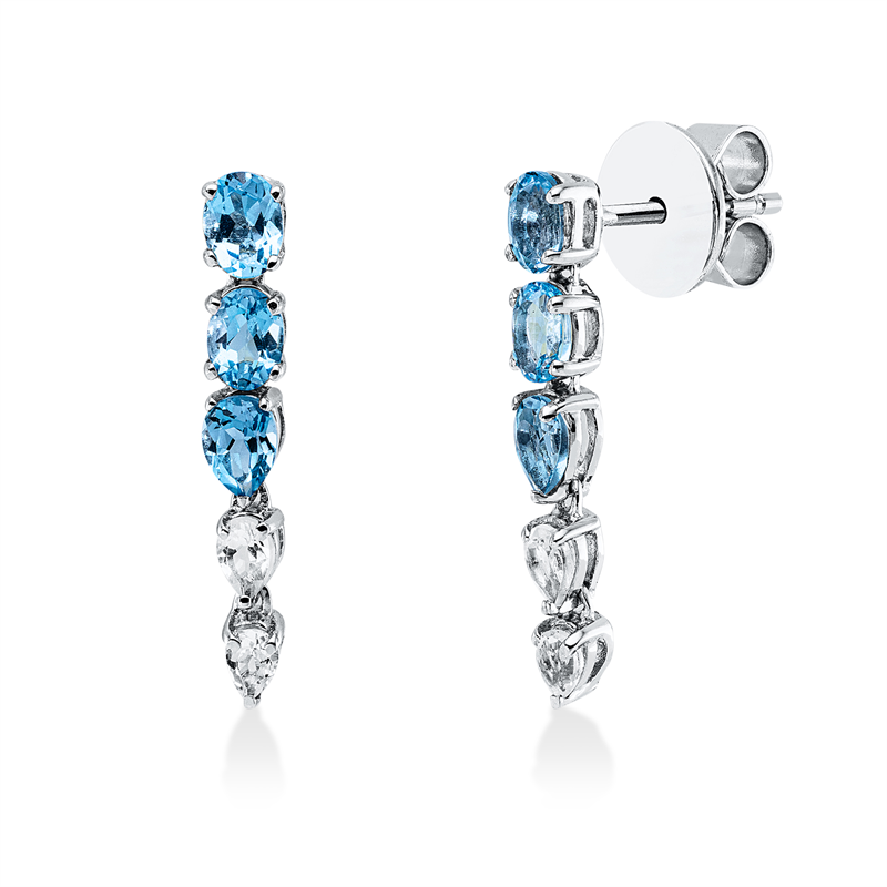 Ohrschmuck 18 kt WG, 4 Topase 0,80 ct blau, 2 Topase 0,38 ct blau, 4 Topase 0,32 ct weiß