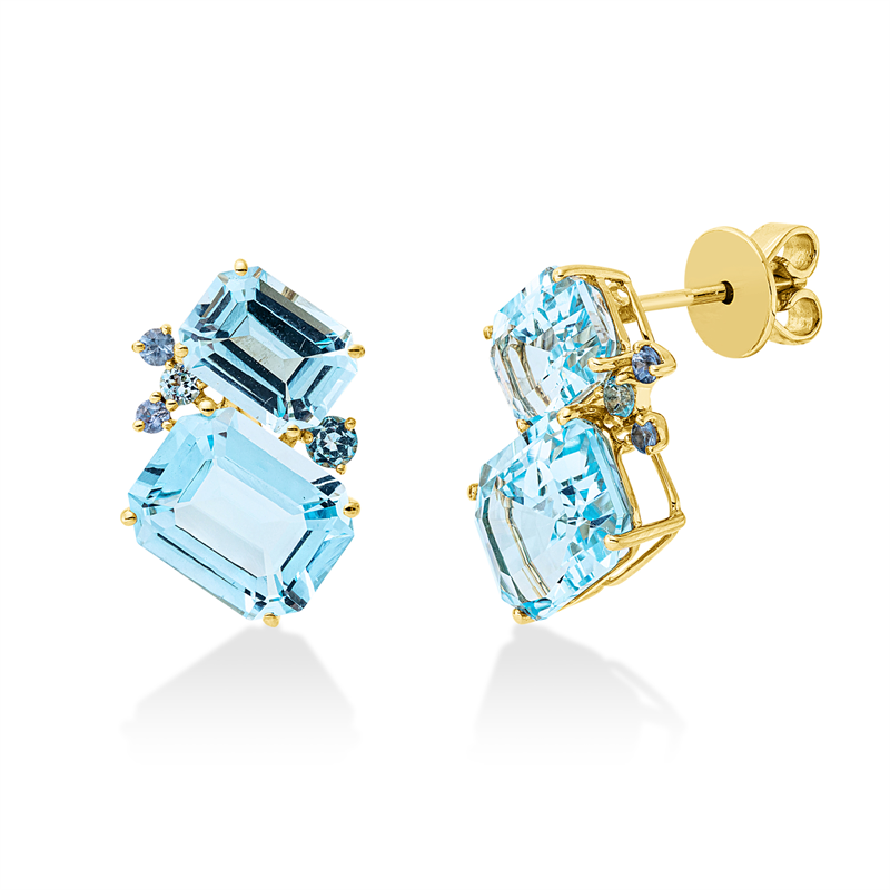 Ohrstecker 18 kt GG, 4 Topase 0,30 ct blau, 4 Topase 12,00 ct sky blue, 4 Saphire 0,12 ct blau