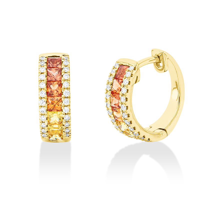 Creolen 18 kt GG, 48 Brill. 0,19 ct, TW-si, 8 Saphire 0,57 ct orange, 6 Saphire 0,41 ct gelb