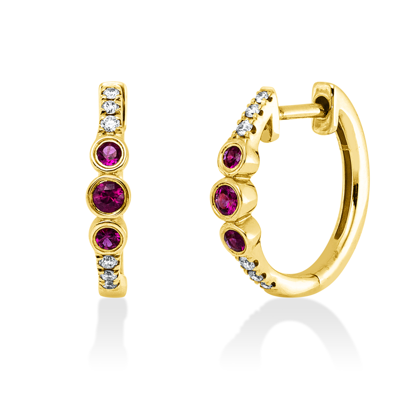 Creolen 14 kt GG, 4 Brill. 0,04 ct, TW-si, 8 Brill. 0,05 ct, TW-si, 6 Rubine 0,23 ct rot