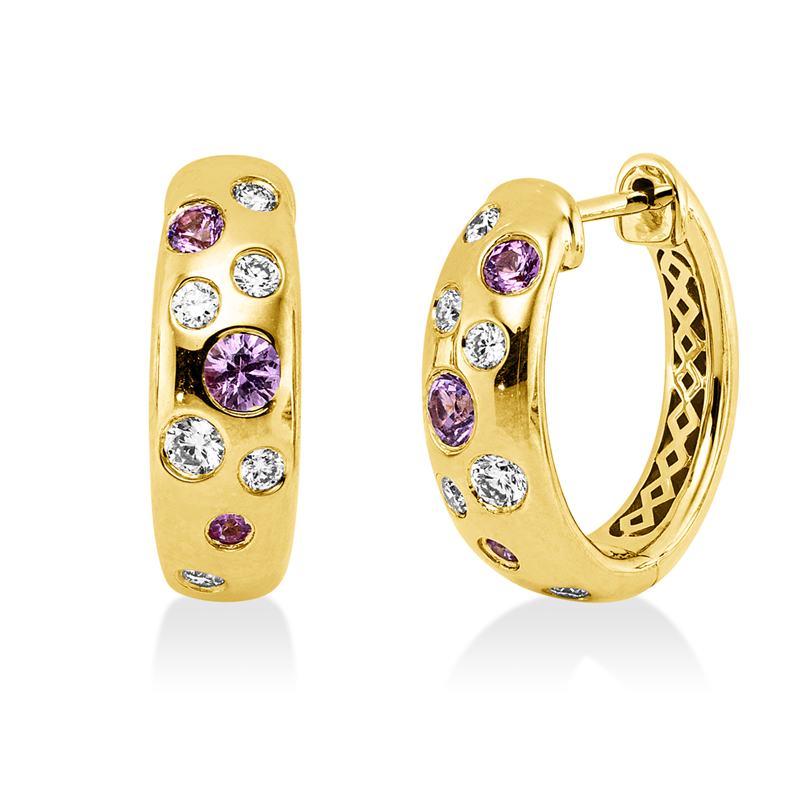 Creolen 14 kt GG, 2 Brill. 0,07 ct, TW-si, 10 Brill. 0,15 ct, TW-si, 6 Saphire 0,28 ct pink