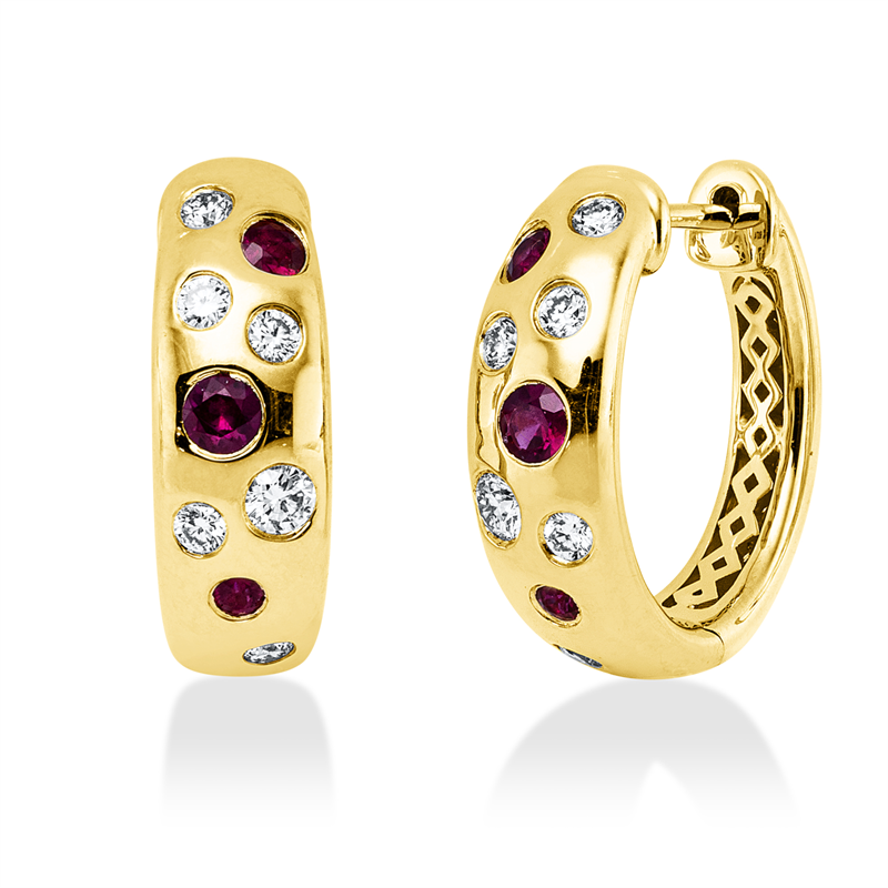 Creolen 14 kt GG, 2 Brill. 0,07 ct, TW-si, 10 Brill. 0,15 ct, TW-si, 6 Rubine 0,25 ct rot