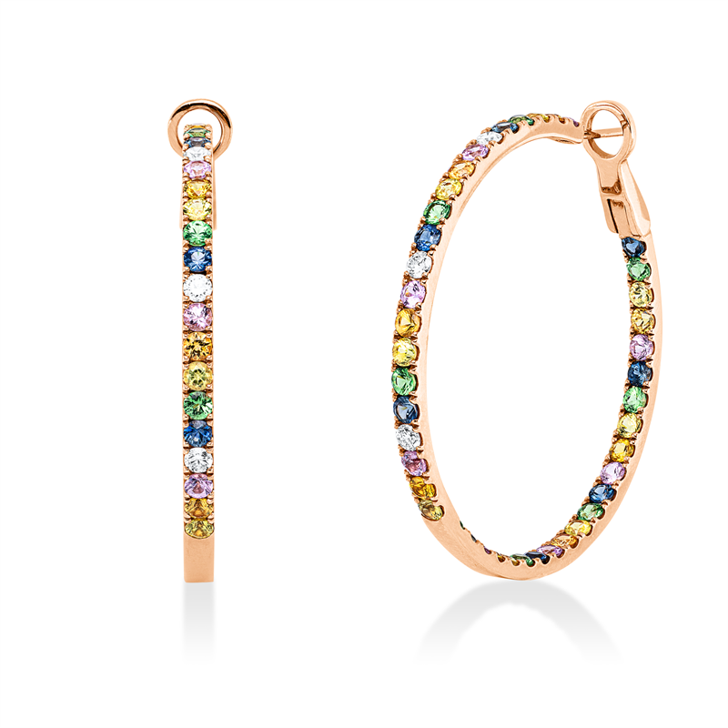 Creolen 18 kt RG, 6 Brill. 0,38 ct, TW-vsi/si, 80 Saphire 6,75 ct multicolor
