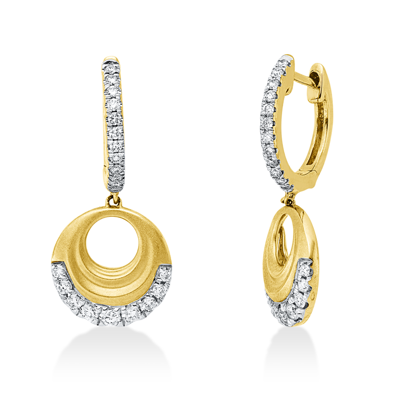 Ohrschmuck 14 kt GG+WG, mattiert, 12 Brill. 0,17 ct, 2 Brill. 0,05 ct, 28 Brill. 0,17 ct, TW-pi
