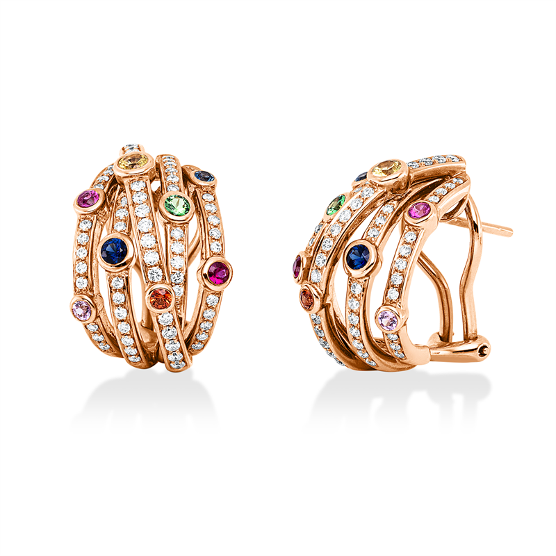 Creolen 18 kt RG, 120 Brill. 0,72 ct, TW-vsi, 2 Tsavorith 0,09 ct grün, 12 Farbsteine 0,56 ct multicolor, 2 Rubine 0,07 ct rot
