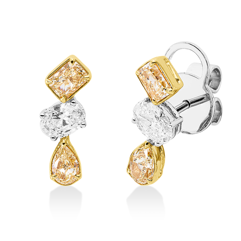 Ohrstecker 18 kt WG+GG, 2 Tropfen 0,32 ct,gelb-vsi, 2 Oval 0,44 ct,TW-vsi, 2 Radiant 0,42 ct,gelb-vsi