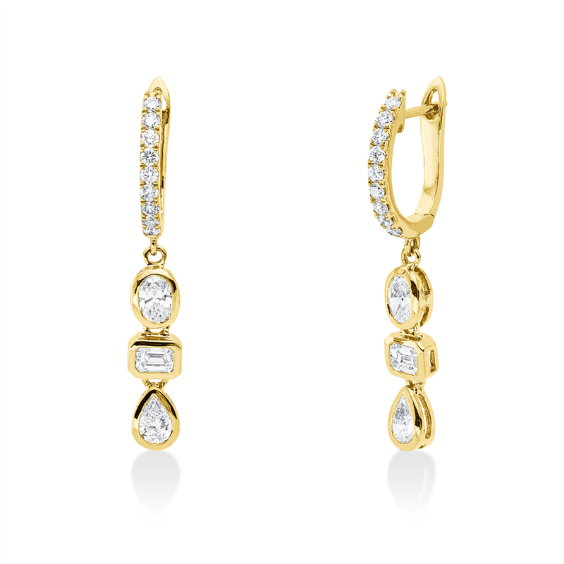 Ohrschmuck 18 kt GG, 2 Oval 0,35 ct, 2 Sm.schliff 0,33 ct, 18 Brill. 0,28 ct, 2 Tropfen 0,28 ct, TW-vsi/si