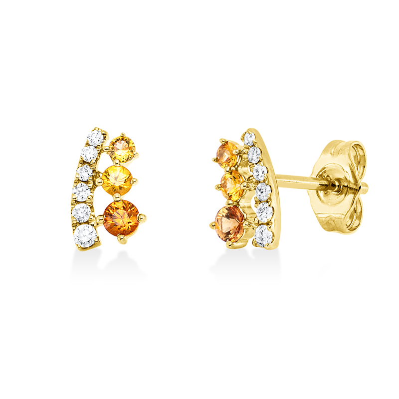 Ohrstecker 14 kt GG, 12 Brill. 0,10 ct, W-si/pi, 6 Saphire 0,32 ct gelb