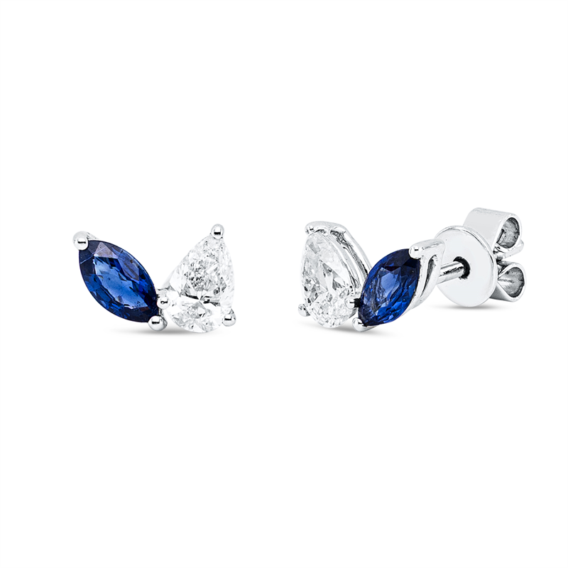 Ohrstecker 18 kt WG, 2 Tropfen 0,30 ct, F-si, 2 Saphire 0,91 ct blau