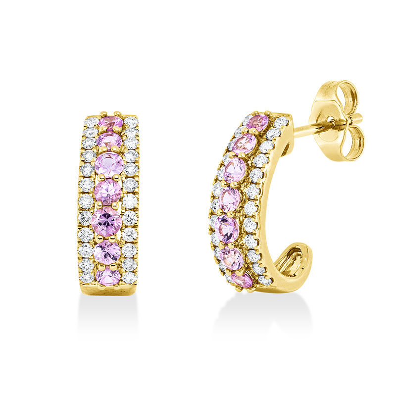 Ohrstecker 14 kt GG, 48 Brill. 0,35 ct, W-si/pi, 14 Saphire 0,70 ct pink