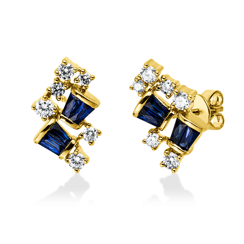 Ohrstecker 14 kt GG, 6 Brill. 0,35 ct, W-si/pi, 6 Brill. 0,18 ct, W-si/pi, 8 Saphire 0,69 ct blau
