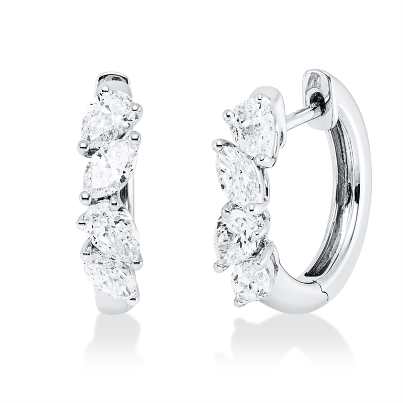 Creolen 18 kt WG, 4 Nav. 0,52 ct, TW-vsi, 4 Tropfen 0,69 ct, TW-vsi