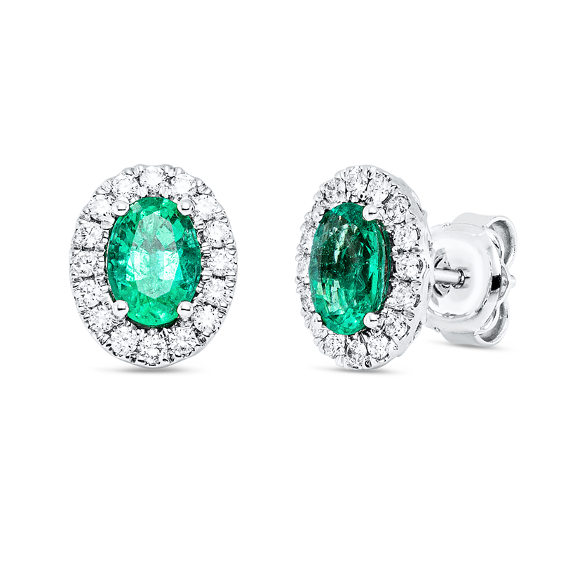 Ohrstecker 18 kt WG, 32 Brill. 0,38 ct, TW-vsi, 2 Smaragde 1,37 ct grün