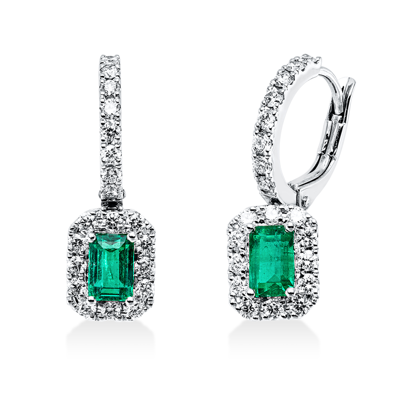 Ohrschmuck 18 kt WG, 40 Brill. 0,55 ct, TW-vsi, 2 Smaragde 0,83 ct grün