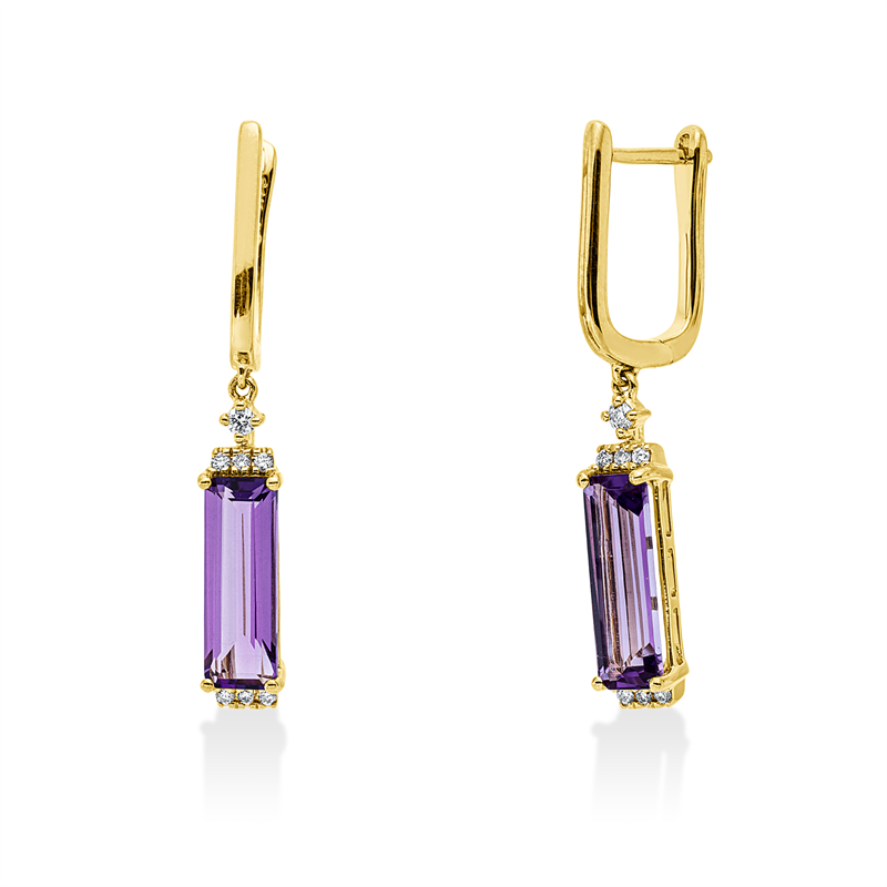 Ohrschmuck 14 kt GG, 2 Brill. 0,03 ct, W-si, 12 Brill. 0,07 ct, W-si, 2 Amethyste 2,55 ct lila