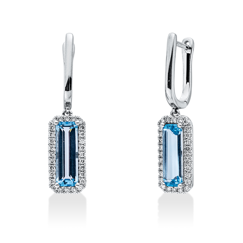 Ohrschmuck 14 kt WG, 56 Brill. 0,39 ct, W-si, 2 Topase 3,41 ct blau