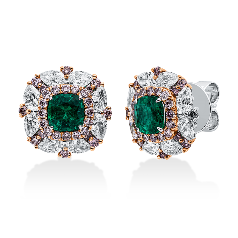 Ohrstecker 18 kt WG+RG, 16 Tropfen 1,60 ct, F-vvs/vs, 56 Brill. 0,66 ct, pink, 2 Smaragde 1,30 ct grün